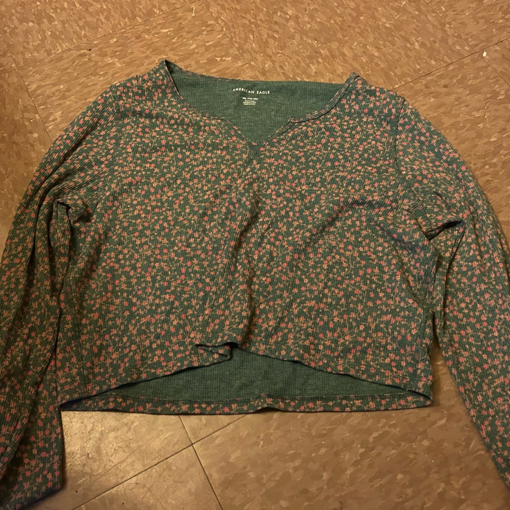 American Eagle Outfitters Green Pink Tie Front Crop Blouse